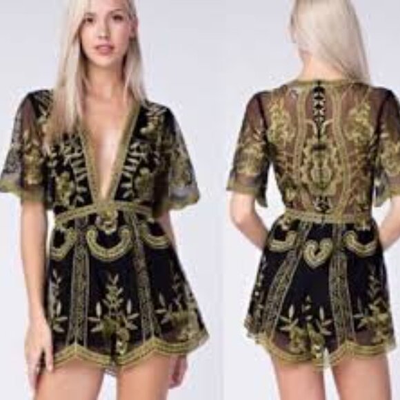 Honey Punch As You Wish Embroidered Romper in Black & Gold Size Medium - 1700 - Picture 3 of 14
